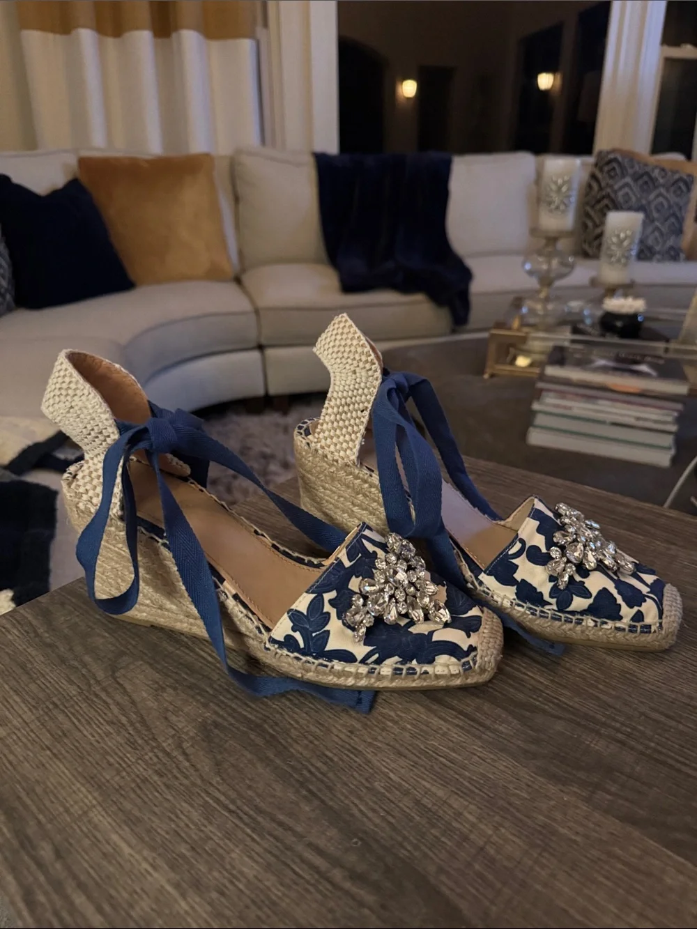 Boden Navy & White Floral Espadrille Wedges with Crystal Embellishment